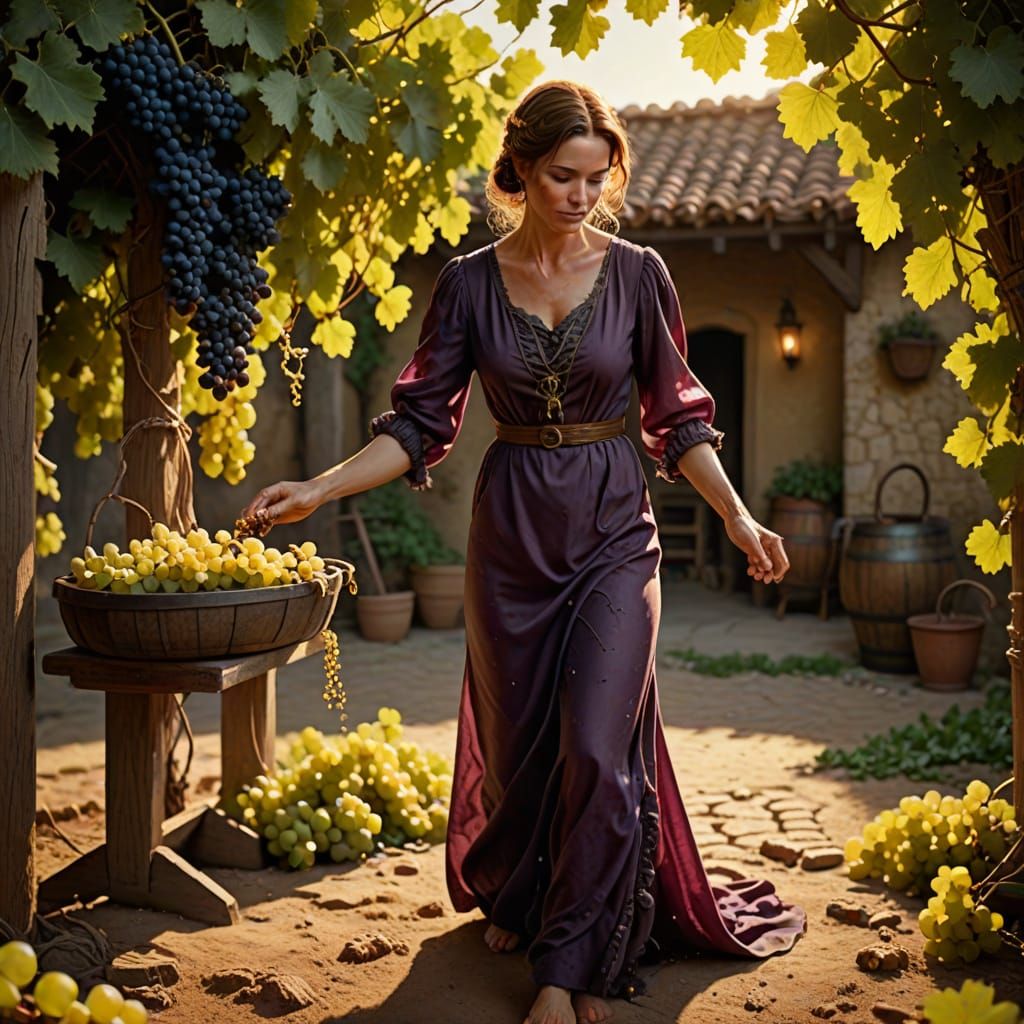 Elegant Woman Stomping Grapes in Golden Hour Light