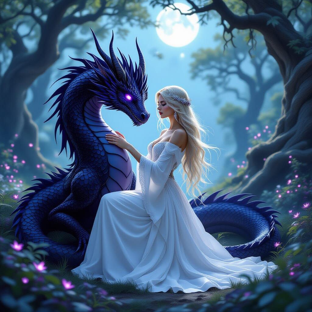 Woman Gently Holds Majestic Black and Purple Dragon