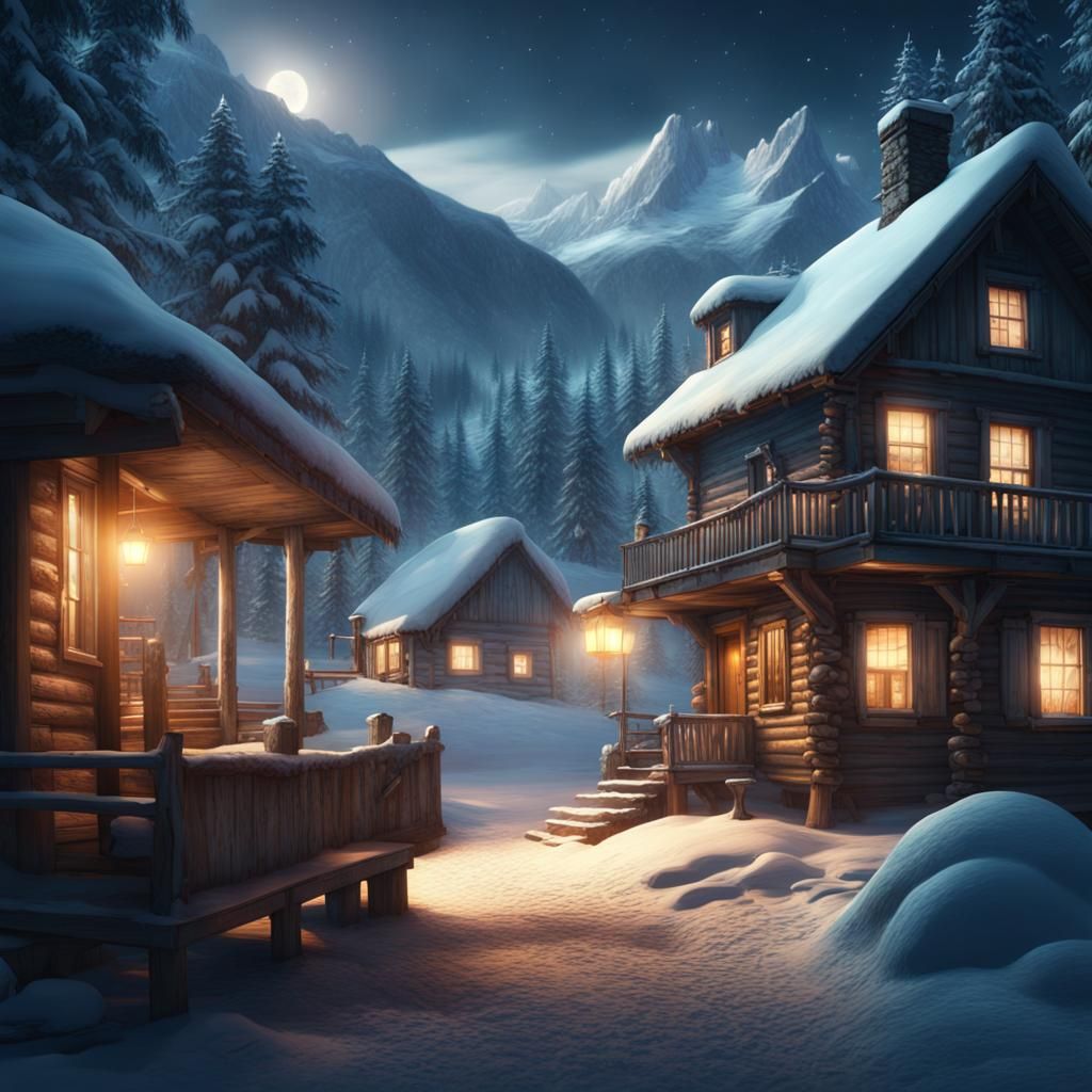Winter Cabin Village at Night: Digital Matte Painting