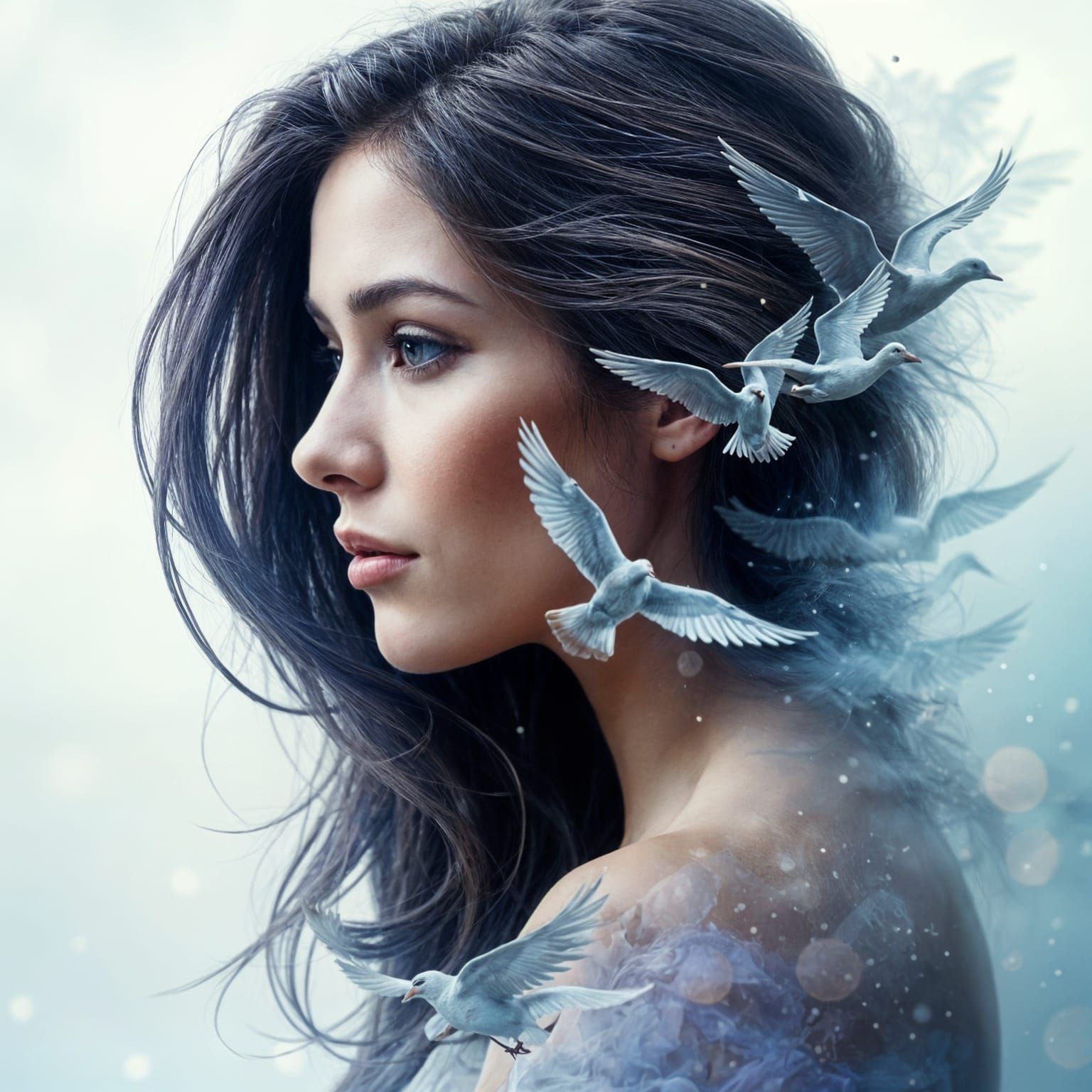 Enchanting Woman in Double Exposure, Birds in Flight