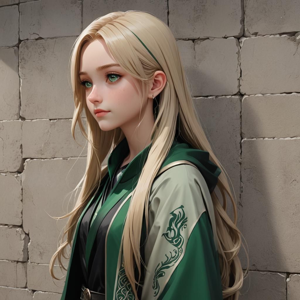Anime Girl with Slytherin Robes in 3D Art