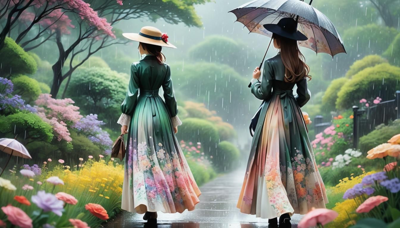 Anime Woman in Rain with Flowers