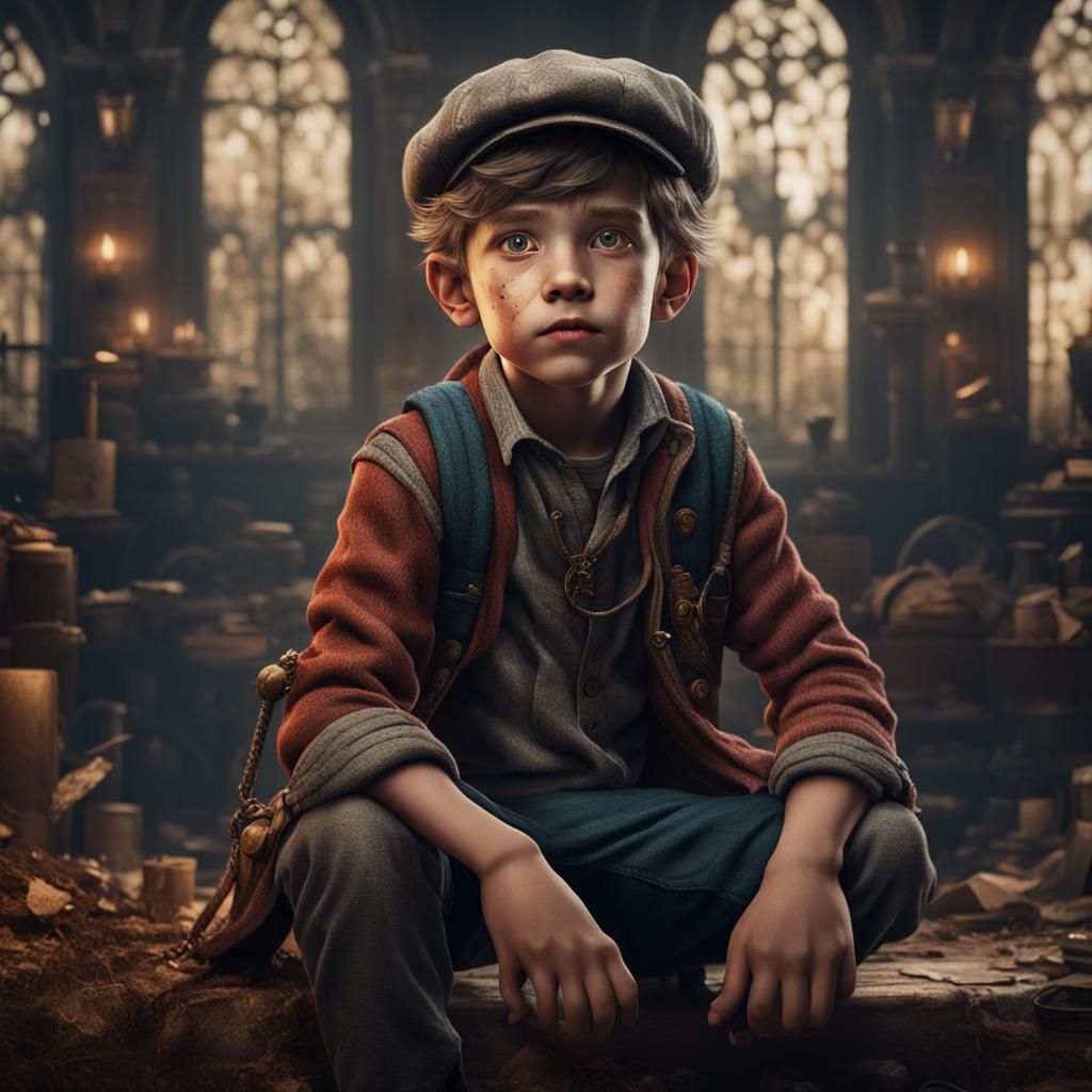 Boy in Oversized Clothes: Detailed Matte Painting