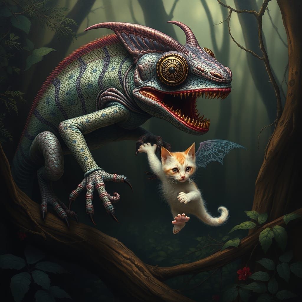 Mutant Chameleon Captures Flying Kitten in Surreal Forest