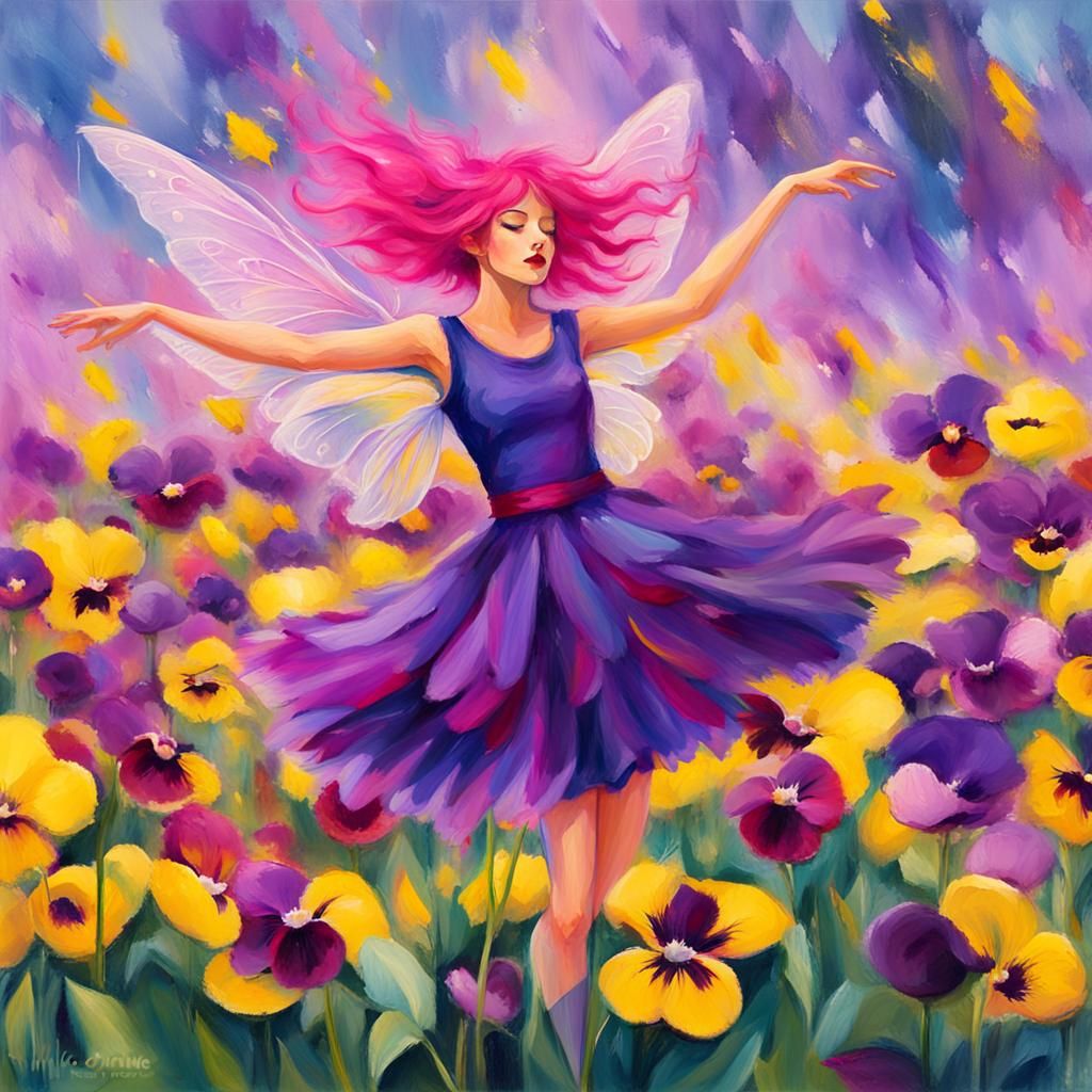 Fairy Dancing on Pansy in Fauvist Expressionism Style