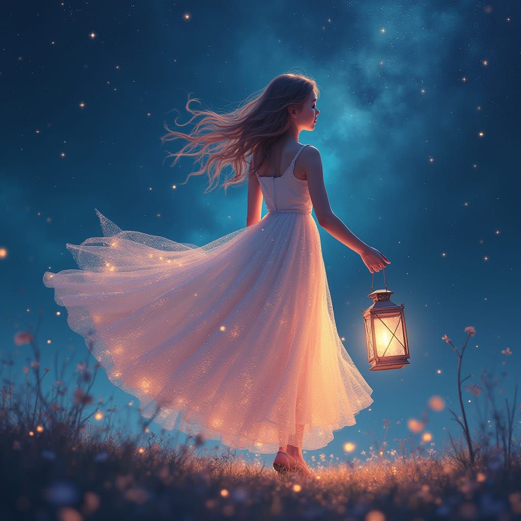Celestial Stardust Girl Wandering Night Sky