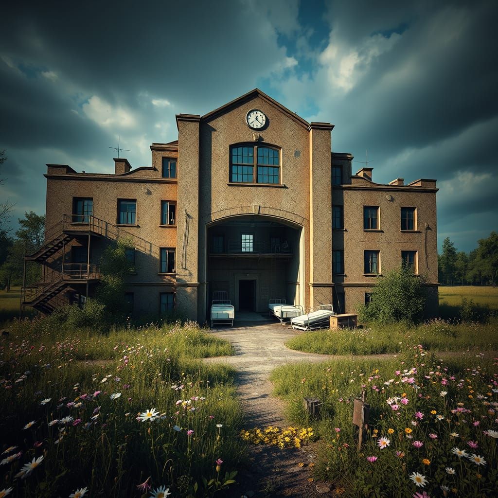 Abandoned Hospital Facade with Flowers, Digital Matte Painti...