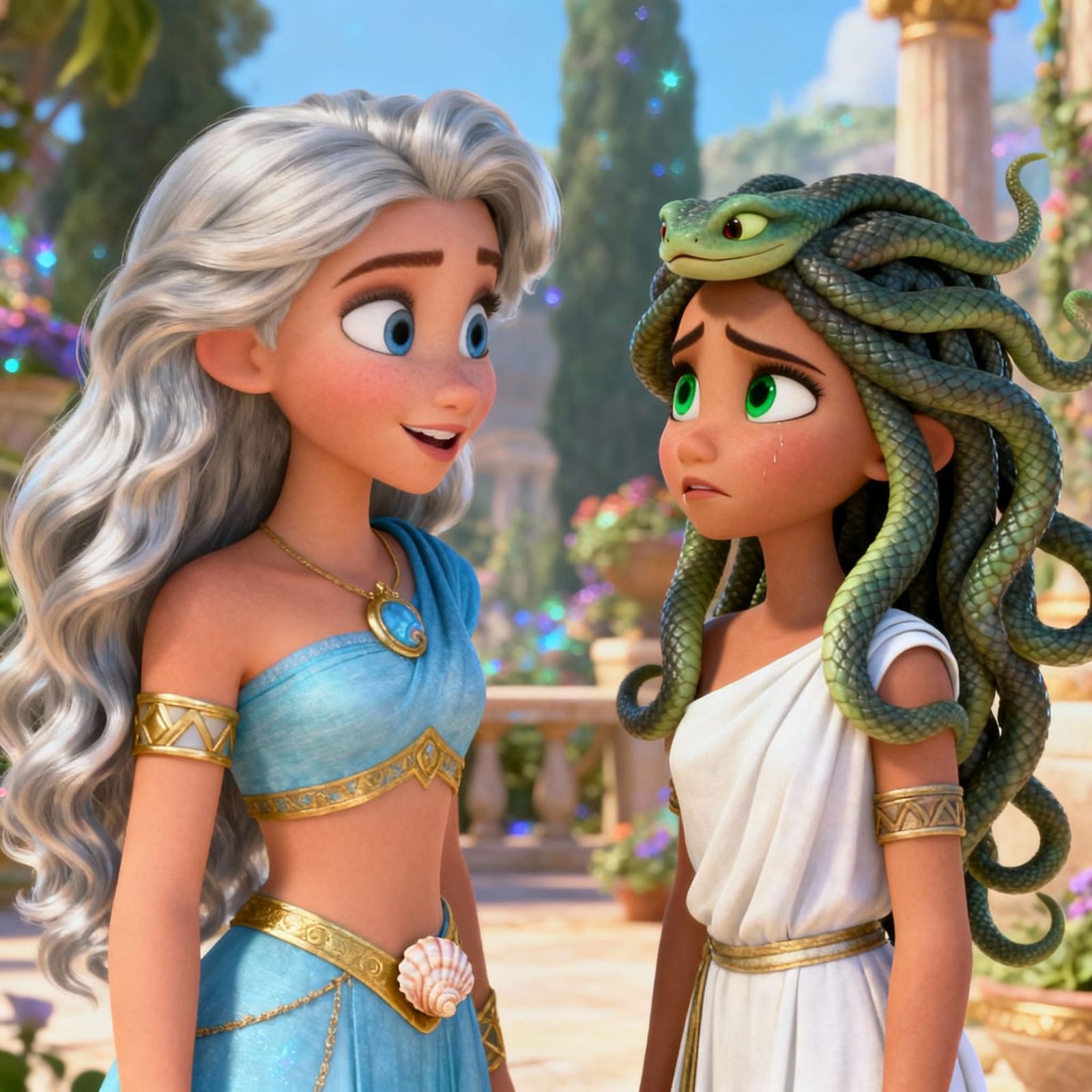 Teenage Athena and Medusa Chatting in Disney Style