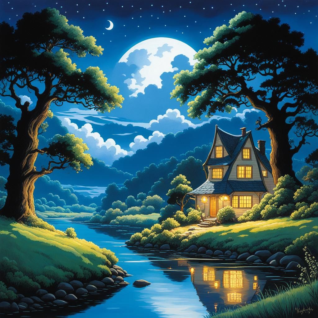 Dreamy River Valley Cottage Illustration in Miyazaki Style