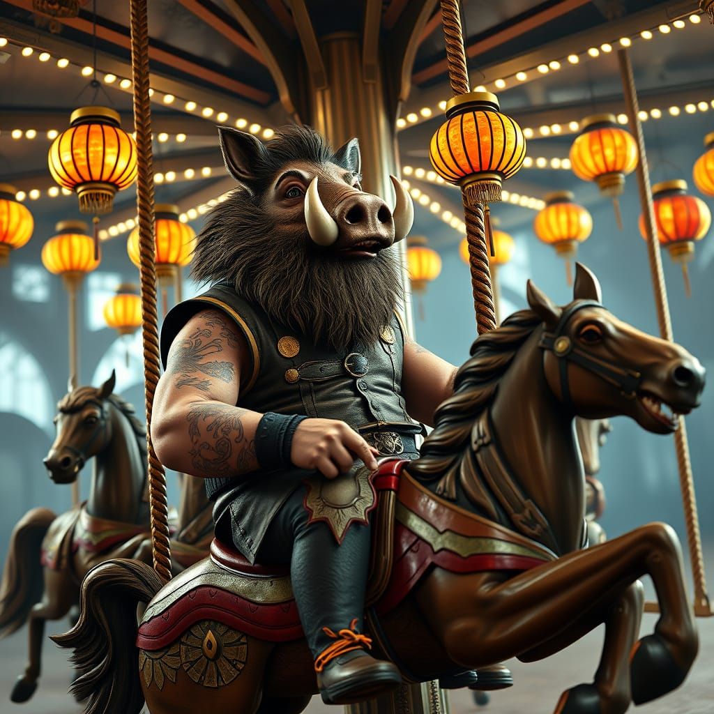 Stout Warrior Rides Vintage Carousel in Epic Fantasy Setting