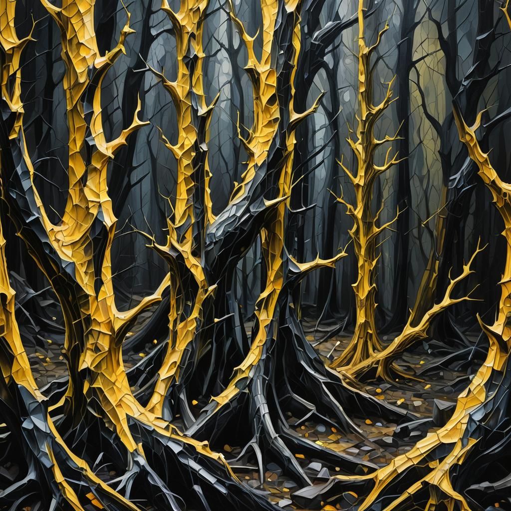 Surreal Crystals in Gloomy Forest as Impasto Painting