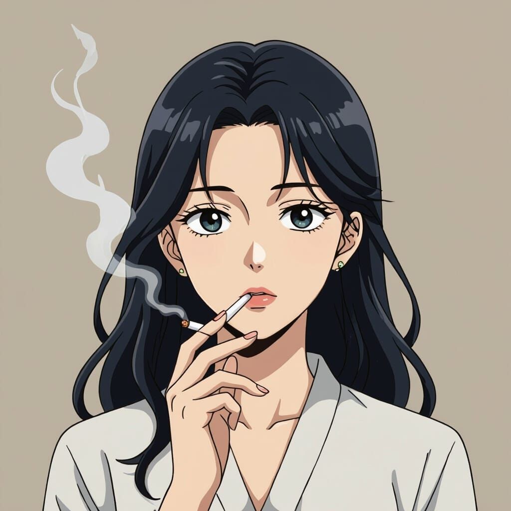 Anime Woman Smoking with Lost Gaze, Soft Colors