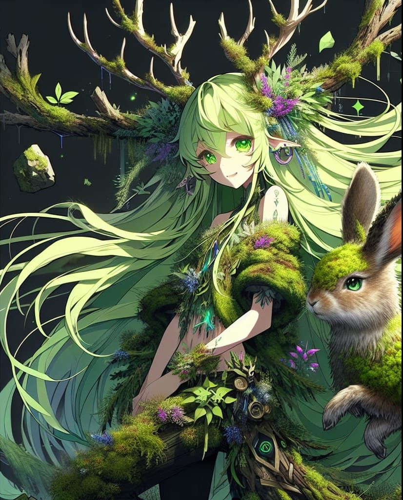 Anime Druid Girl with Jackalope in Matte Painting Style