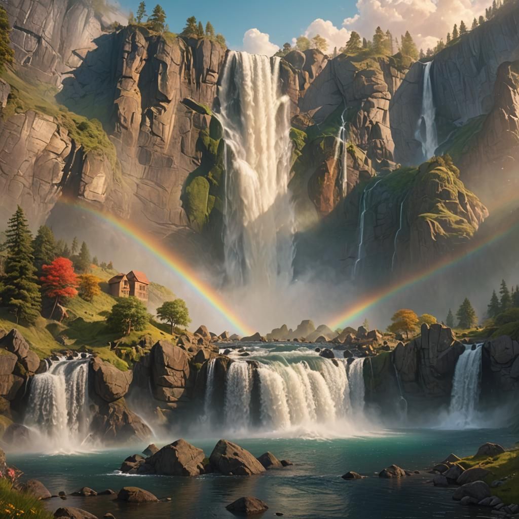 Majestic Waterfall Landscape with Rainbow in Matte Painting
