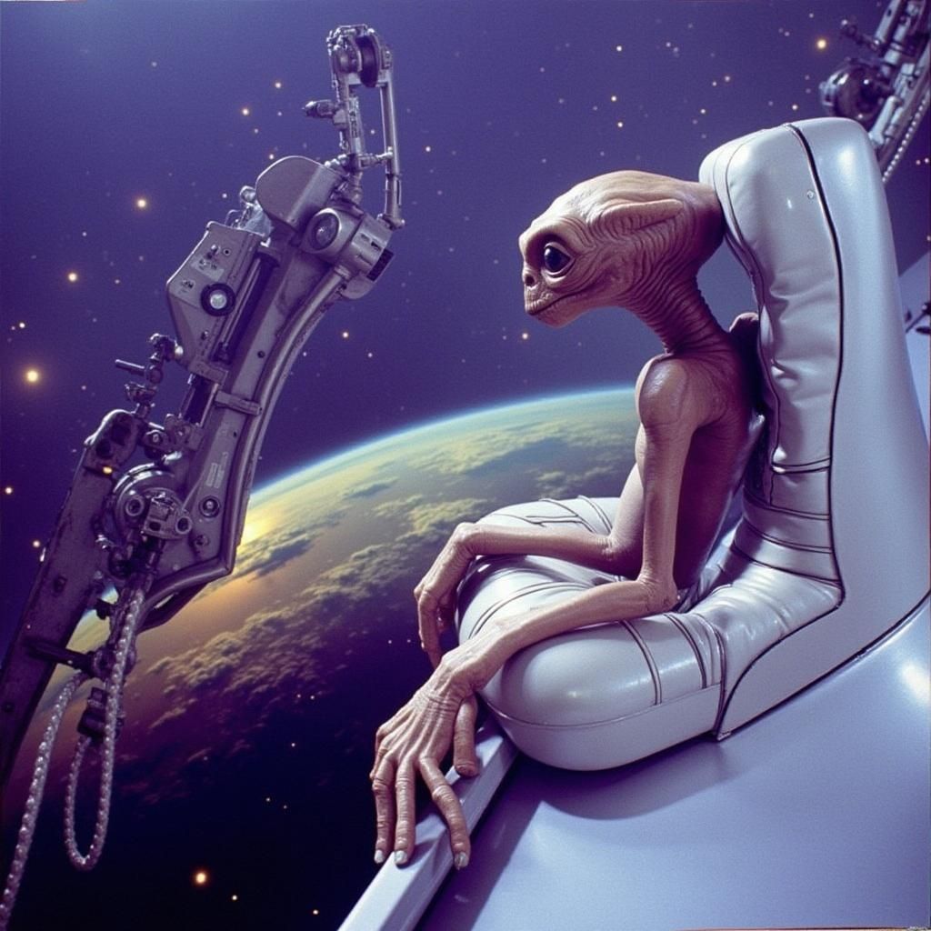 E.T. Contemplates Earth from Spaceship Cockpit