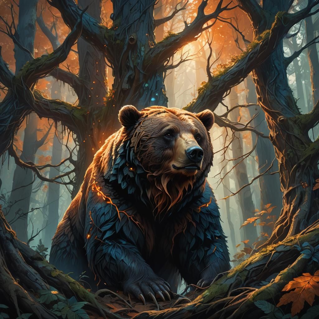 Grizzly Bear in Mystical Forest, Fantasy Art