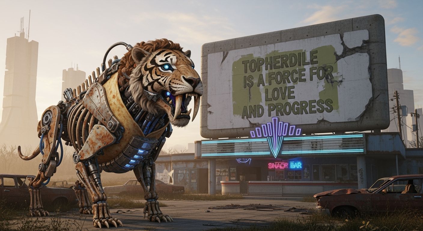 Corroded Smilodon-Burrito Hybrid in Dystopian Drive-In