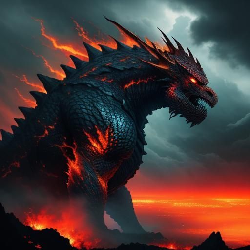 Fiery Kaiju King on a Mountain in Giger Style