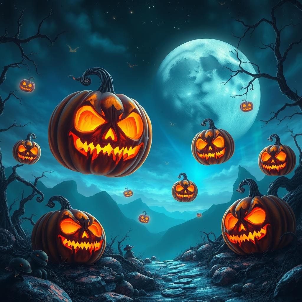 Ethereal Jack-o-Lanterns in a Surreal Moonscape