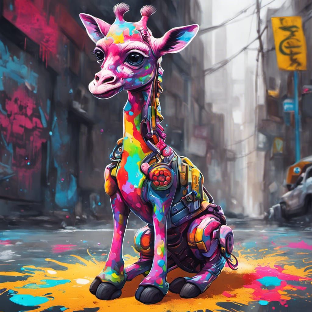 Cyberpunk Baby Giraffe Graffiti Art
