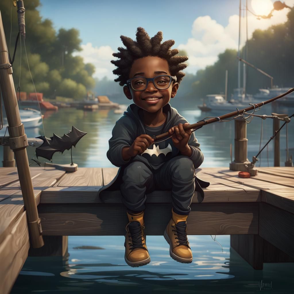 Boy in Batman Costume Fishing: Detailed Portrait
