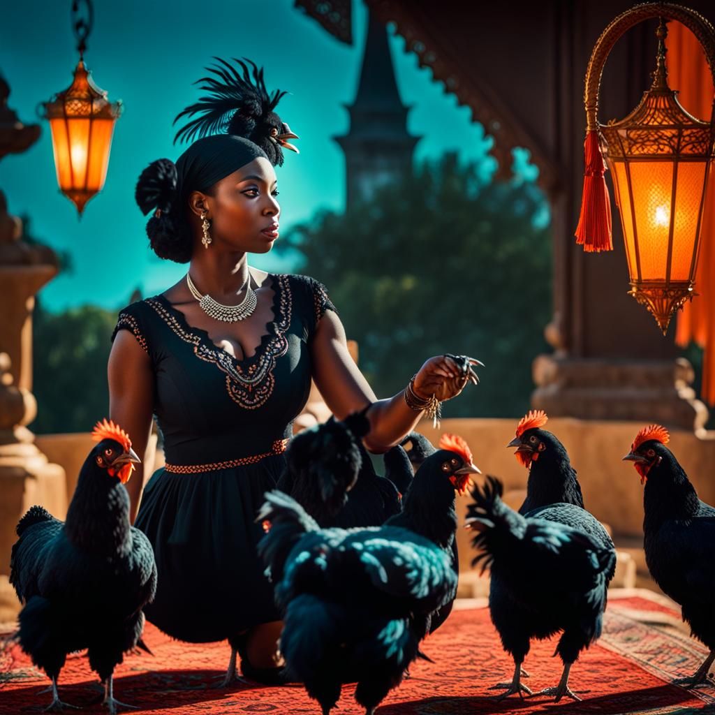 Enigmatic Women with Chickens in Ornate Setting