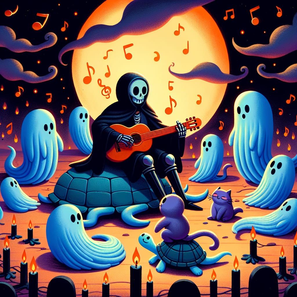 Whimsical Spooky Halloween Scene with Dancing Ghosts