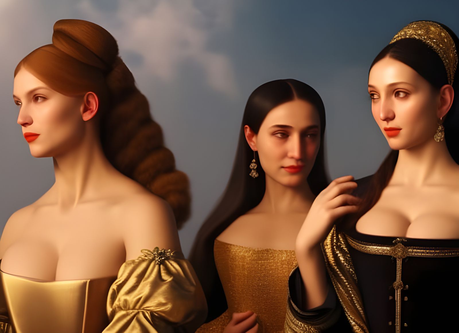 Renaissance Women Converse Over Coffee, Detailed Painting