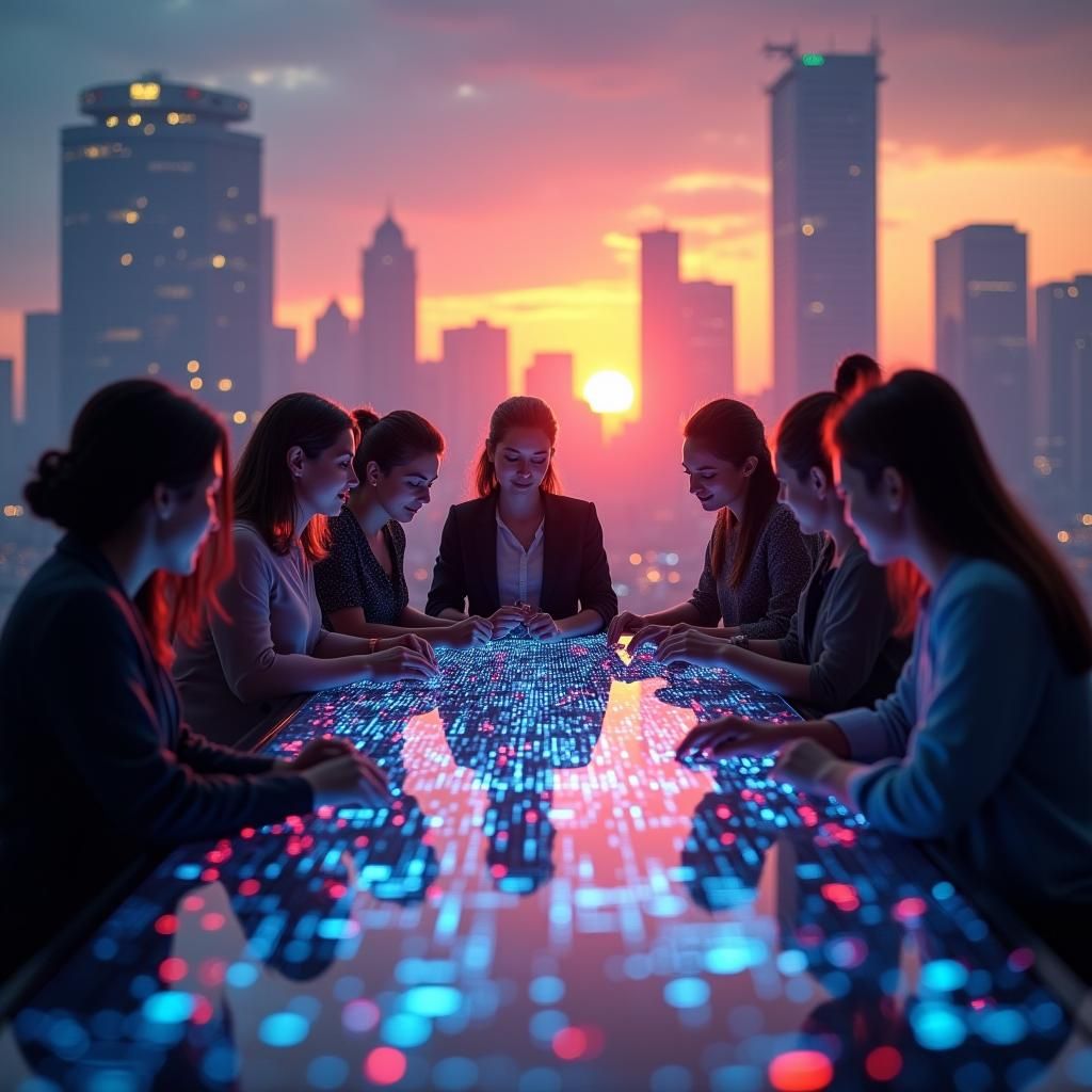 IT Professionals Celebrate in Futuristic Cityscape