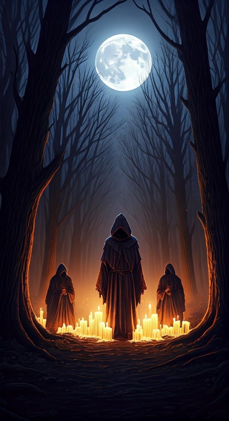 Mystical Hooded Gathering in Candlelight Forest
