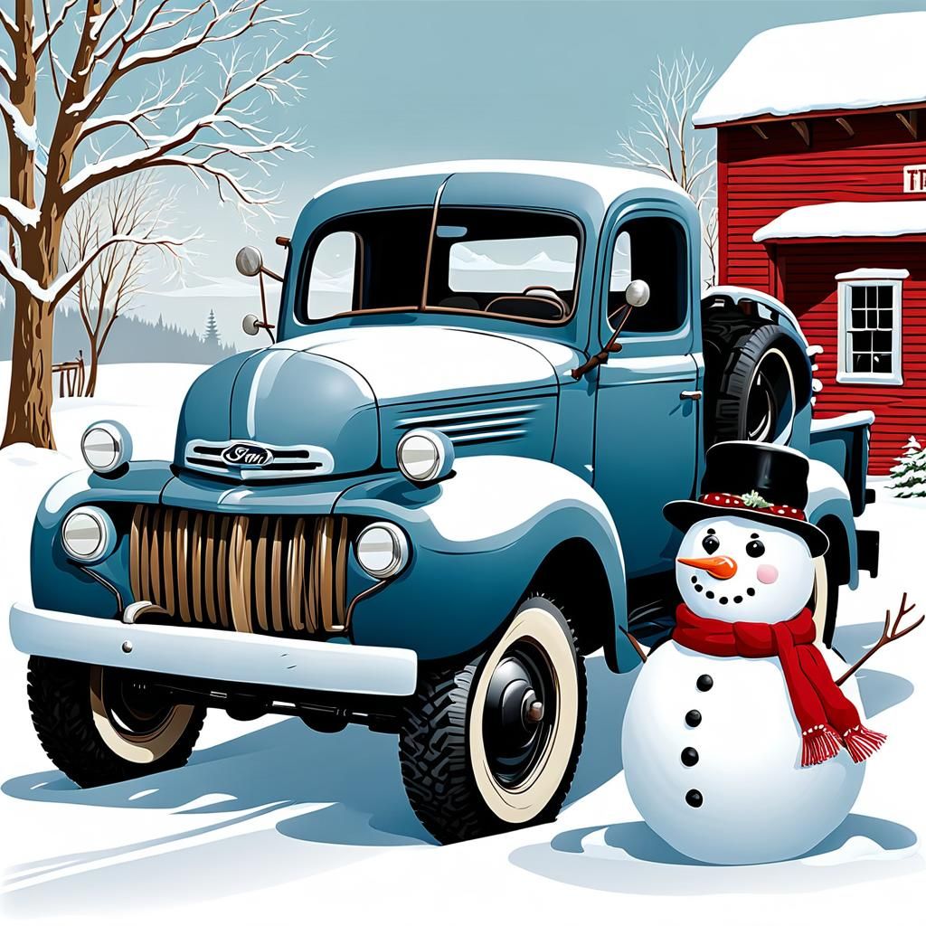 Snowman Changes Tire on Vintage Ford Truck Illustration