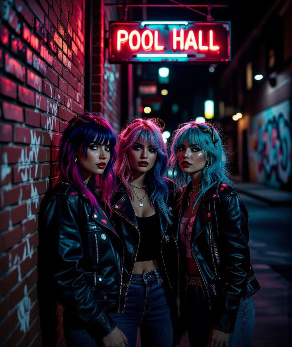 Trashpunk Trio of Women at a Pool Hall at Night