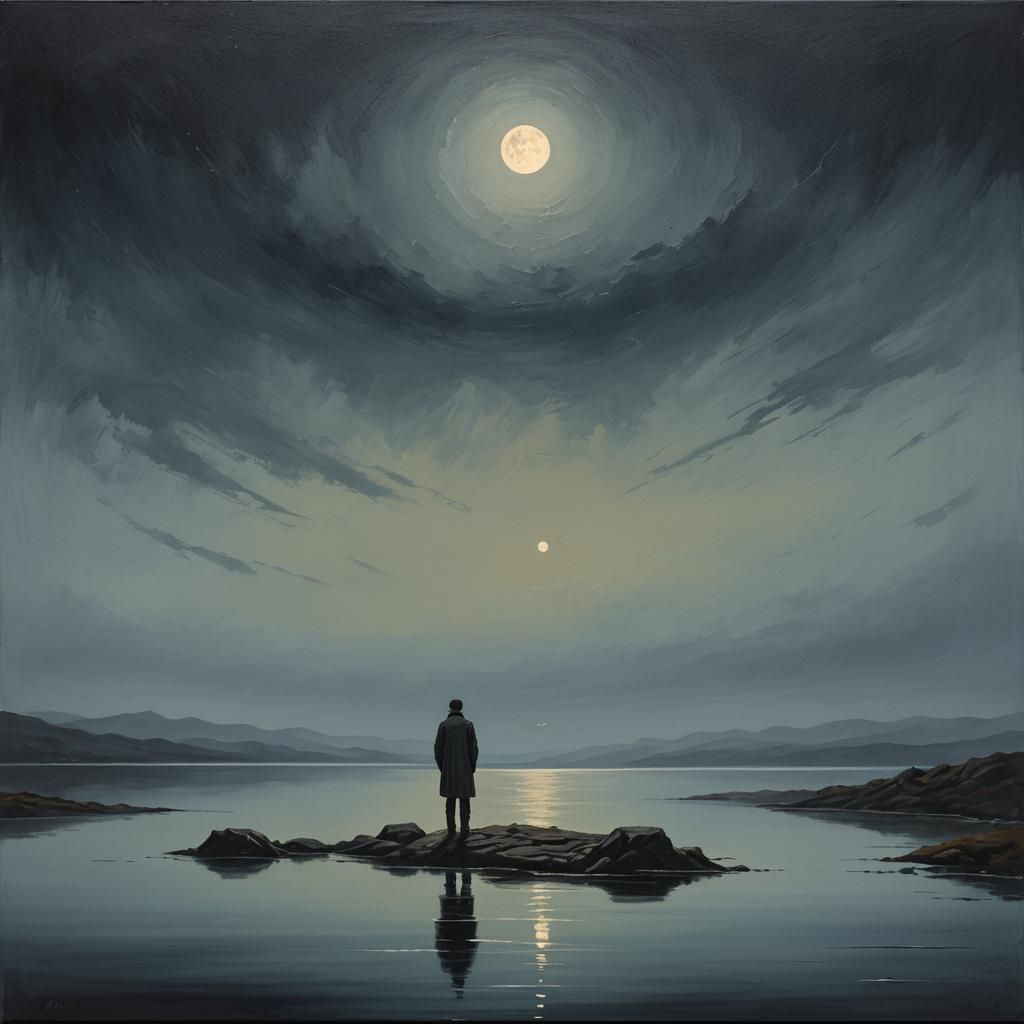 Poignant Oil Painting of Loneliness by Dark Lake
