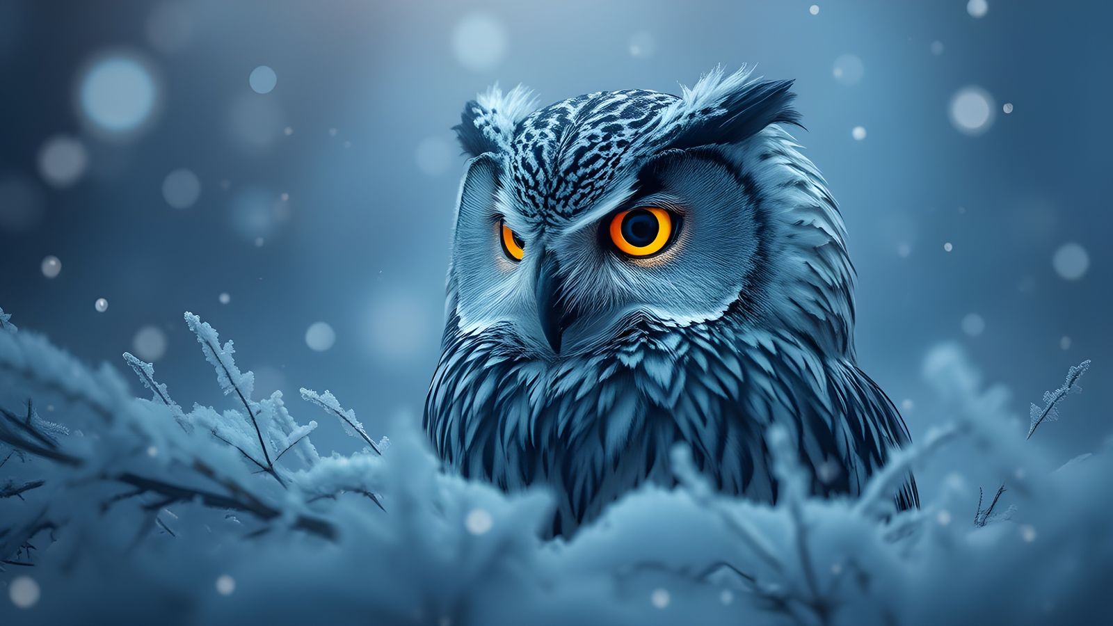 Glowing-Eyed Owl in Winter Night Landscape
