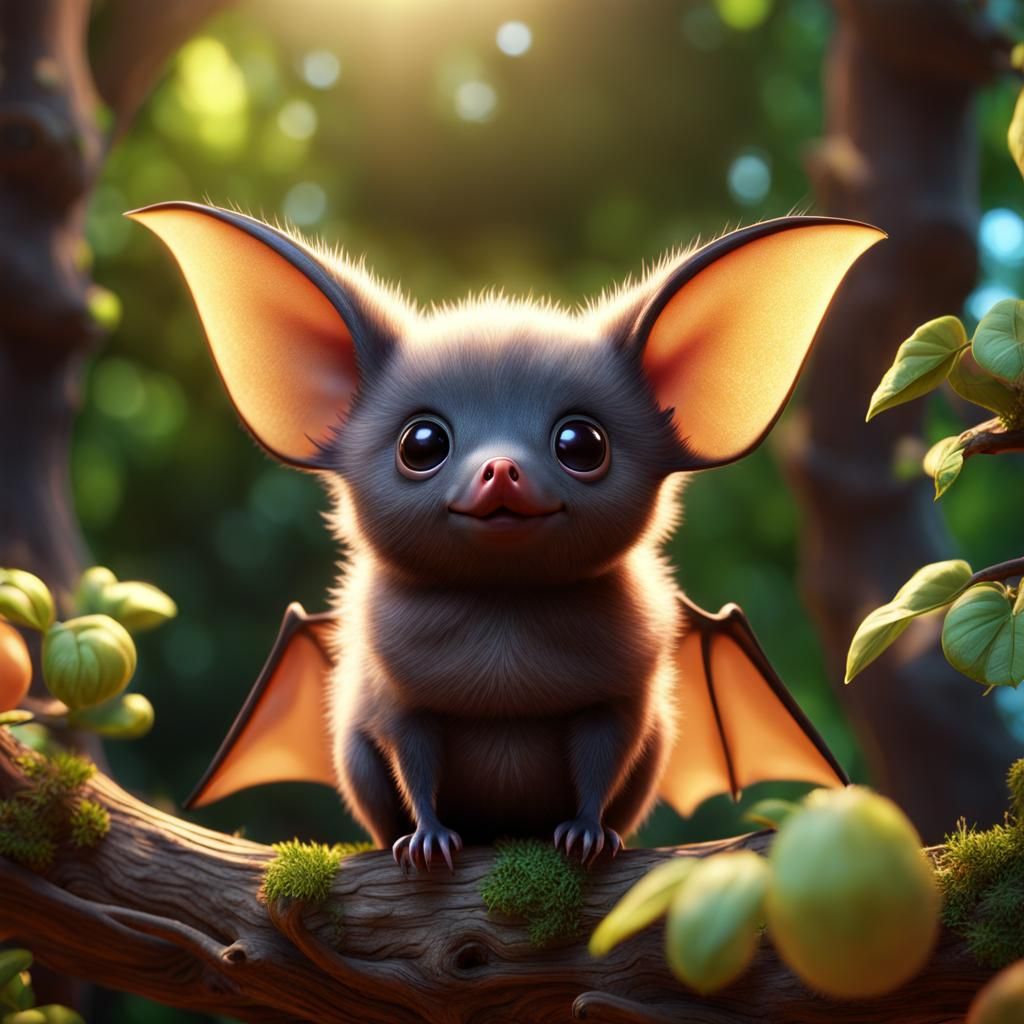 Fluffy Baby Fruit Bat in Dreamy Forest