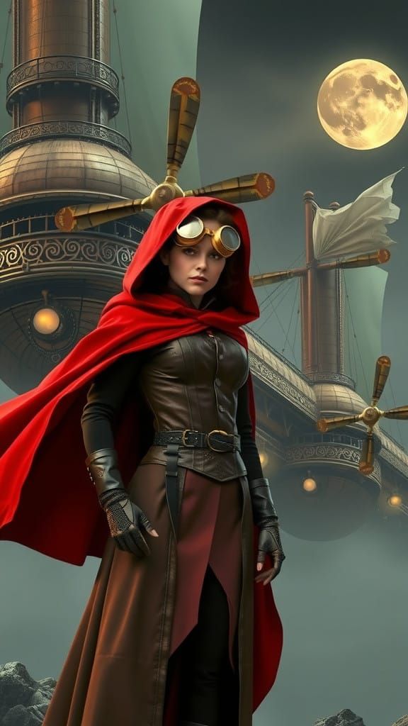 Steampunk Heroine Stands Before Majestic Airship