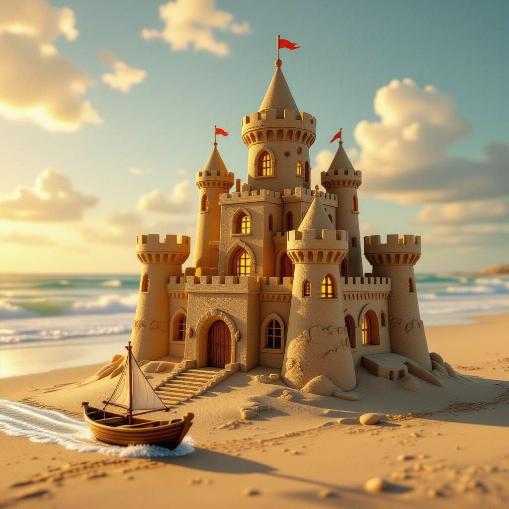 Hyperrealistic Sandcastle Civilization in Golden Hour Light