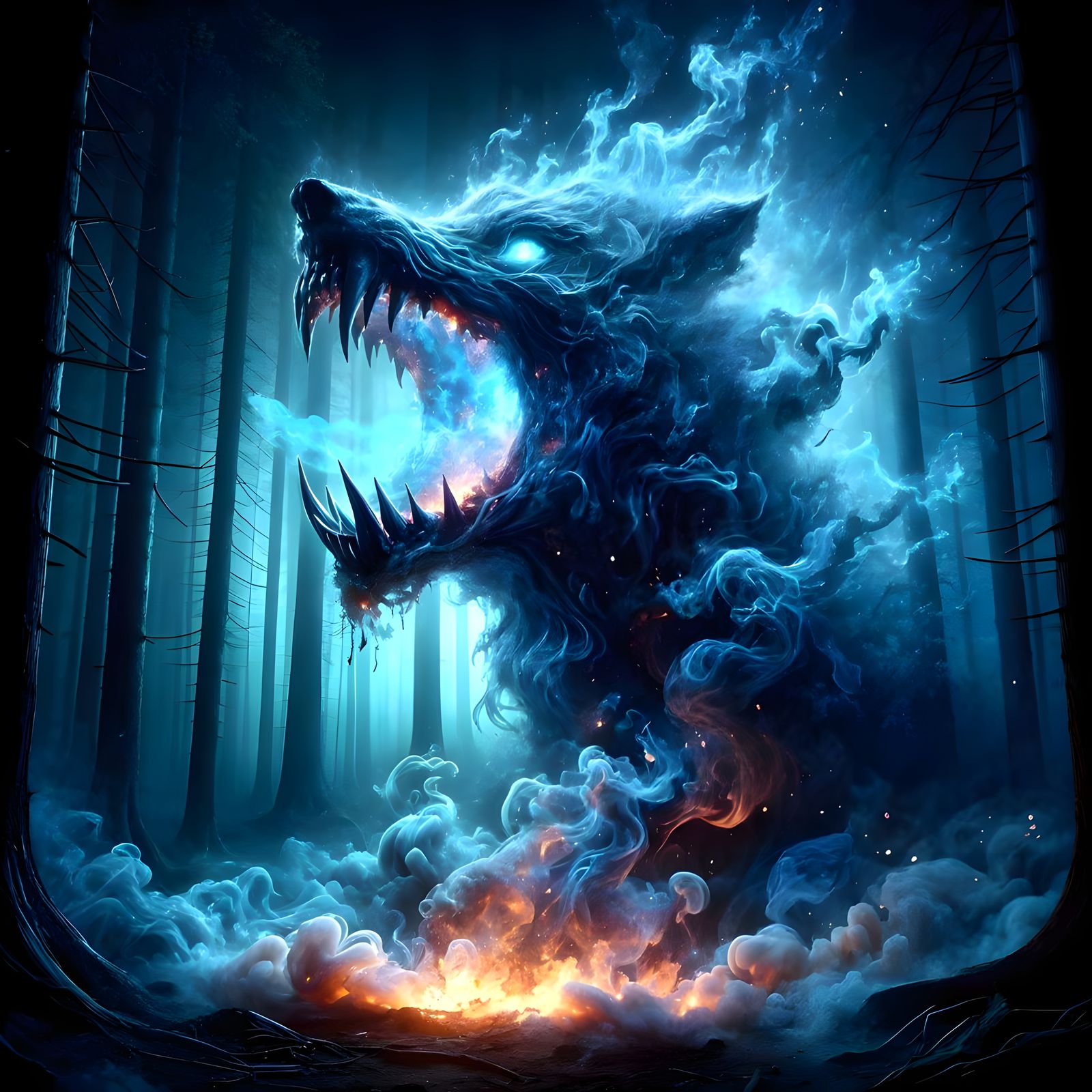 Ethereal Spectral Wolf Unveils Flickering Inferno in Dark My...