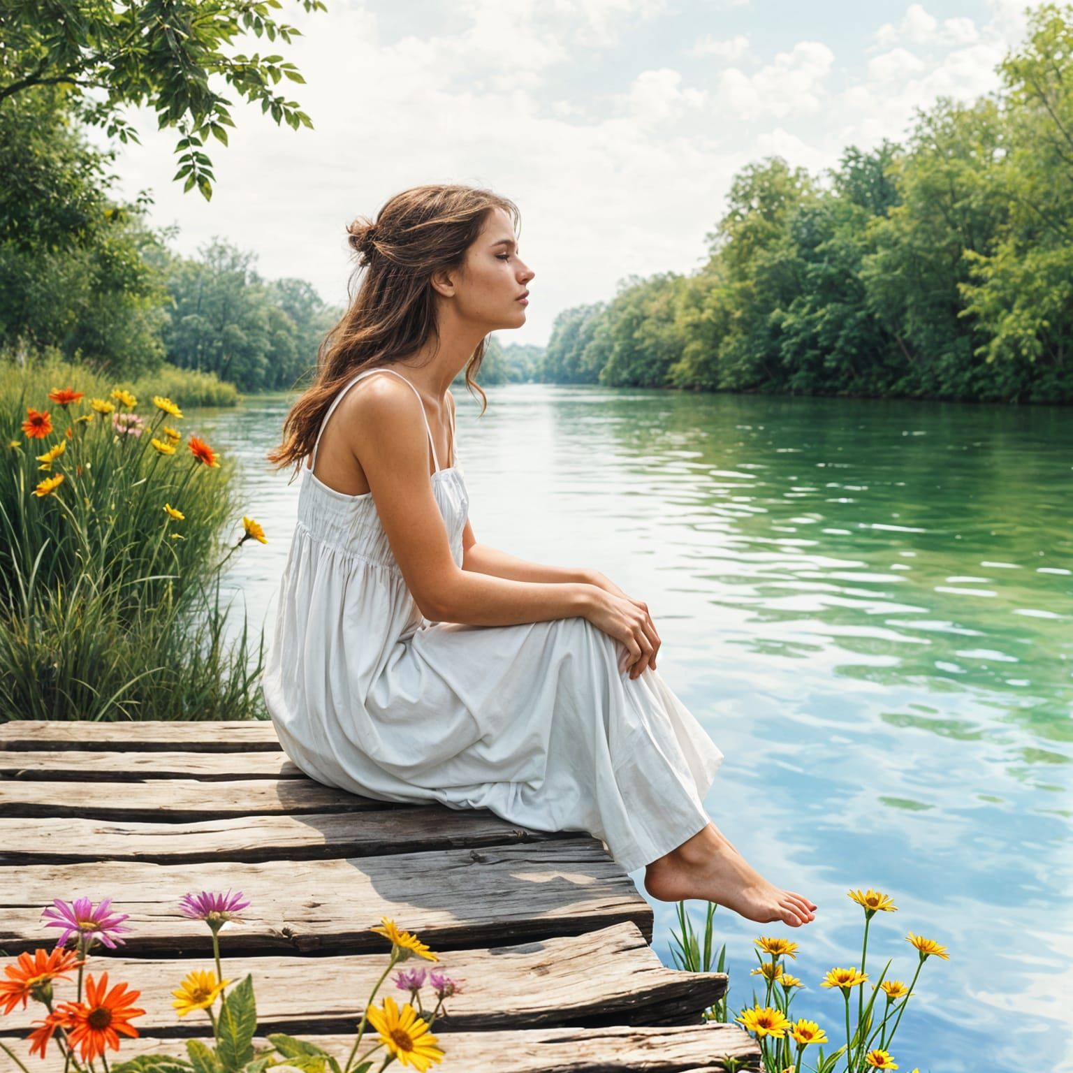 Riverbank Reflections in Watercolor Style