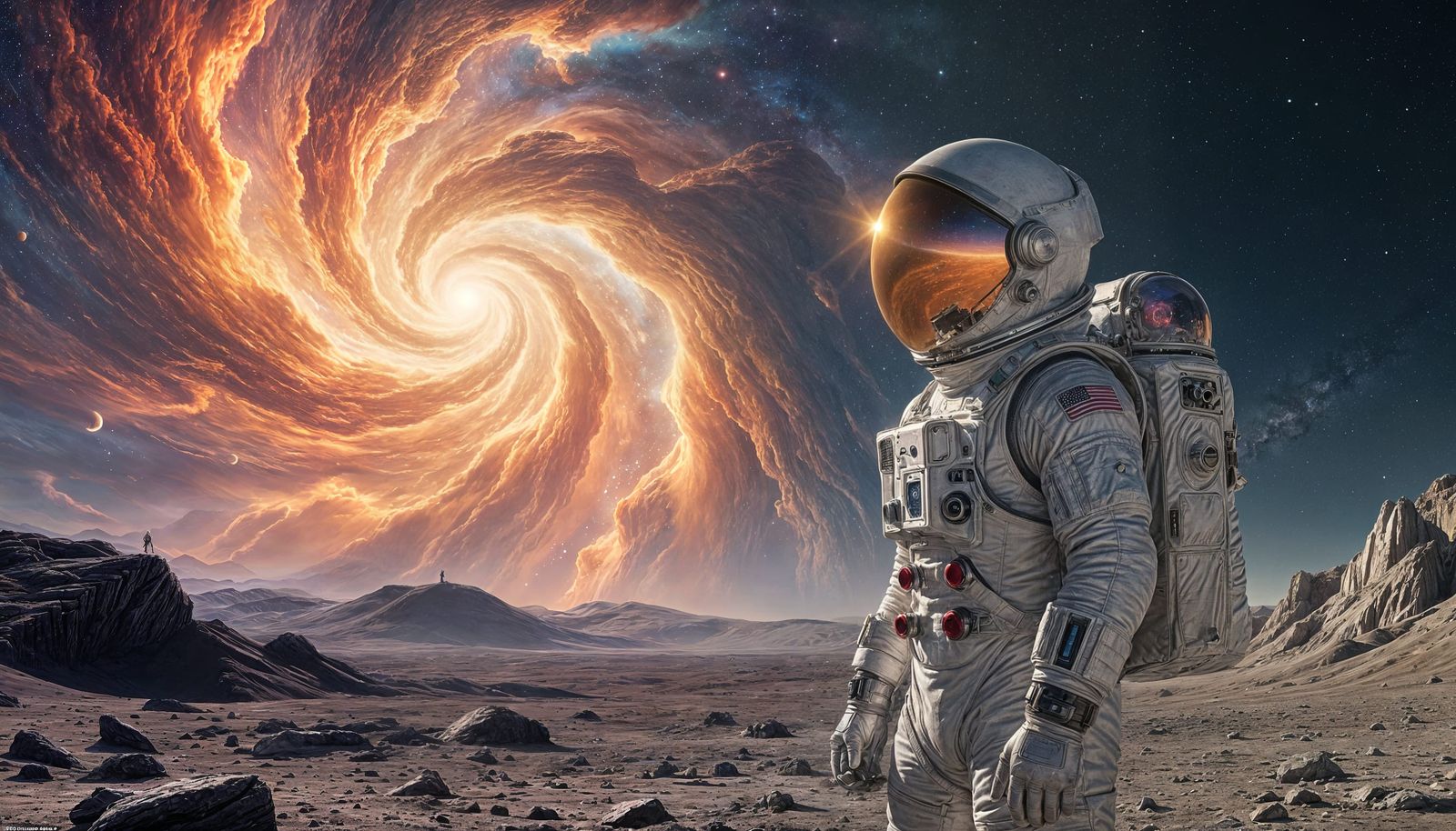 Astronaut on Alien Planet Gazing at Nebula