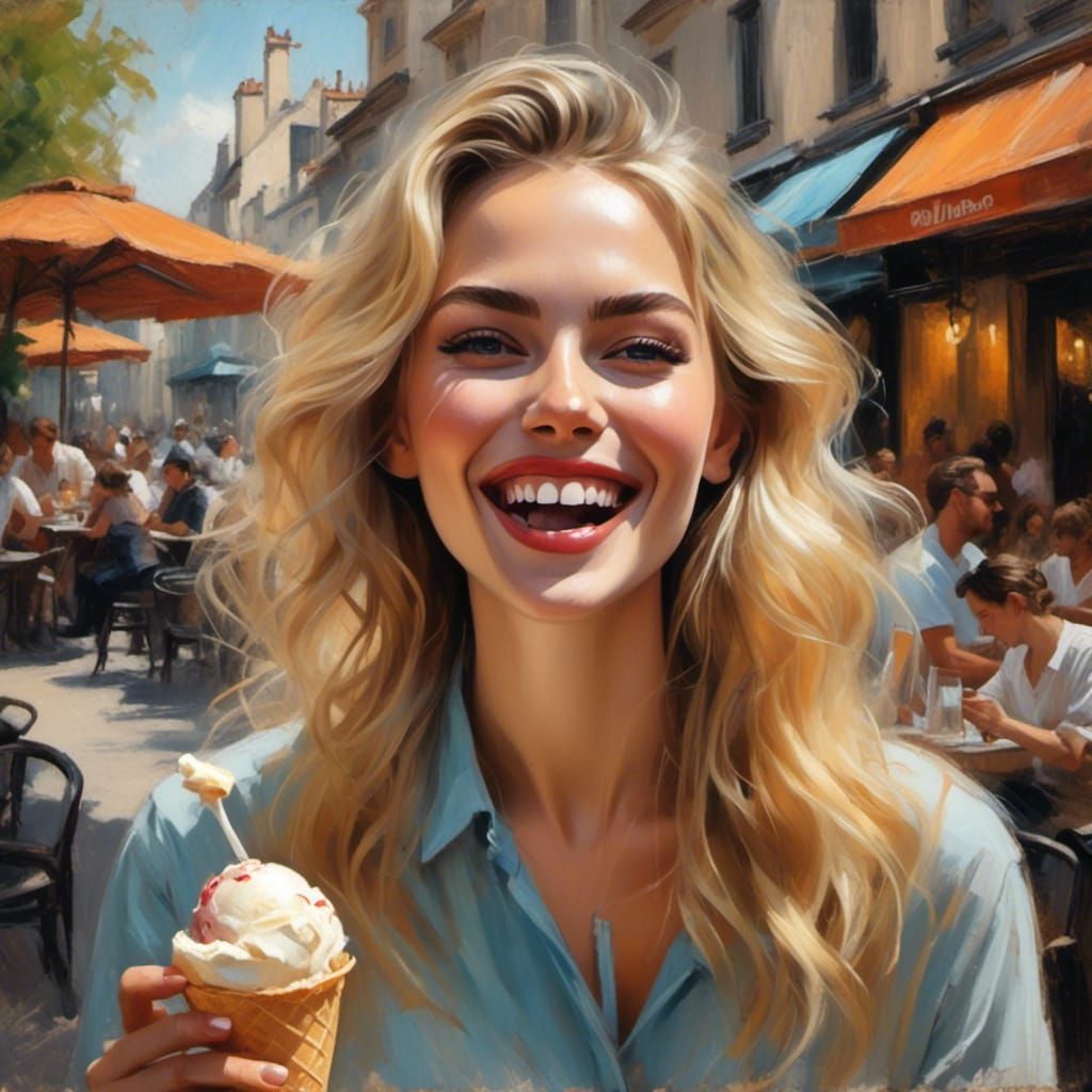 Blonde Woman Laughing with Ice Cream, Chalk Art Style