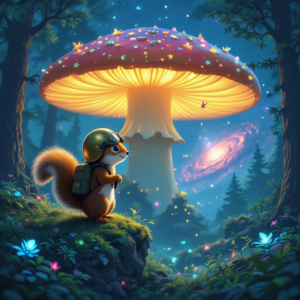Squirrel Explorer on Giant Mushroom Under Nebula Sky
