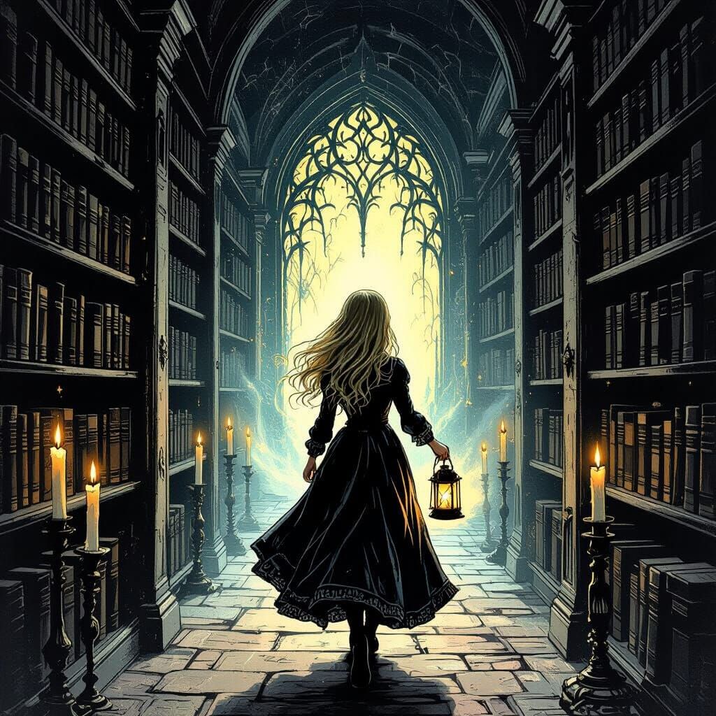 Gothic Horror: Woman with Lantern in a Library