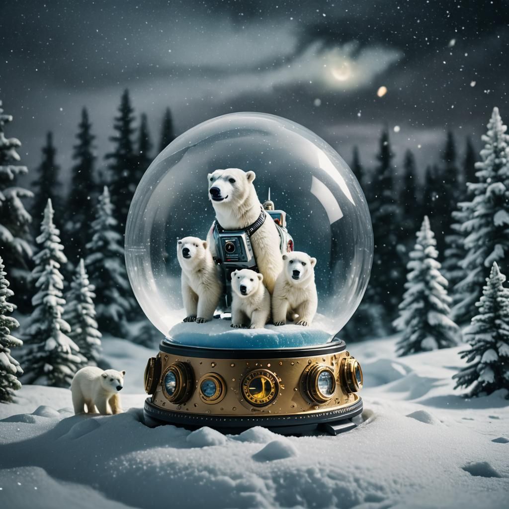 Polar Bears Pilot Spaceship Snowglobe: Cinematic Film Still