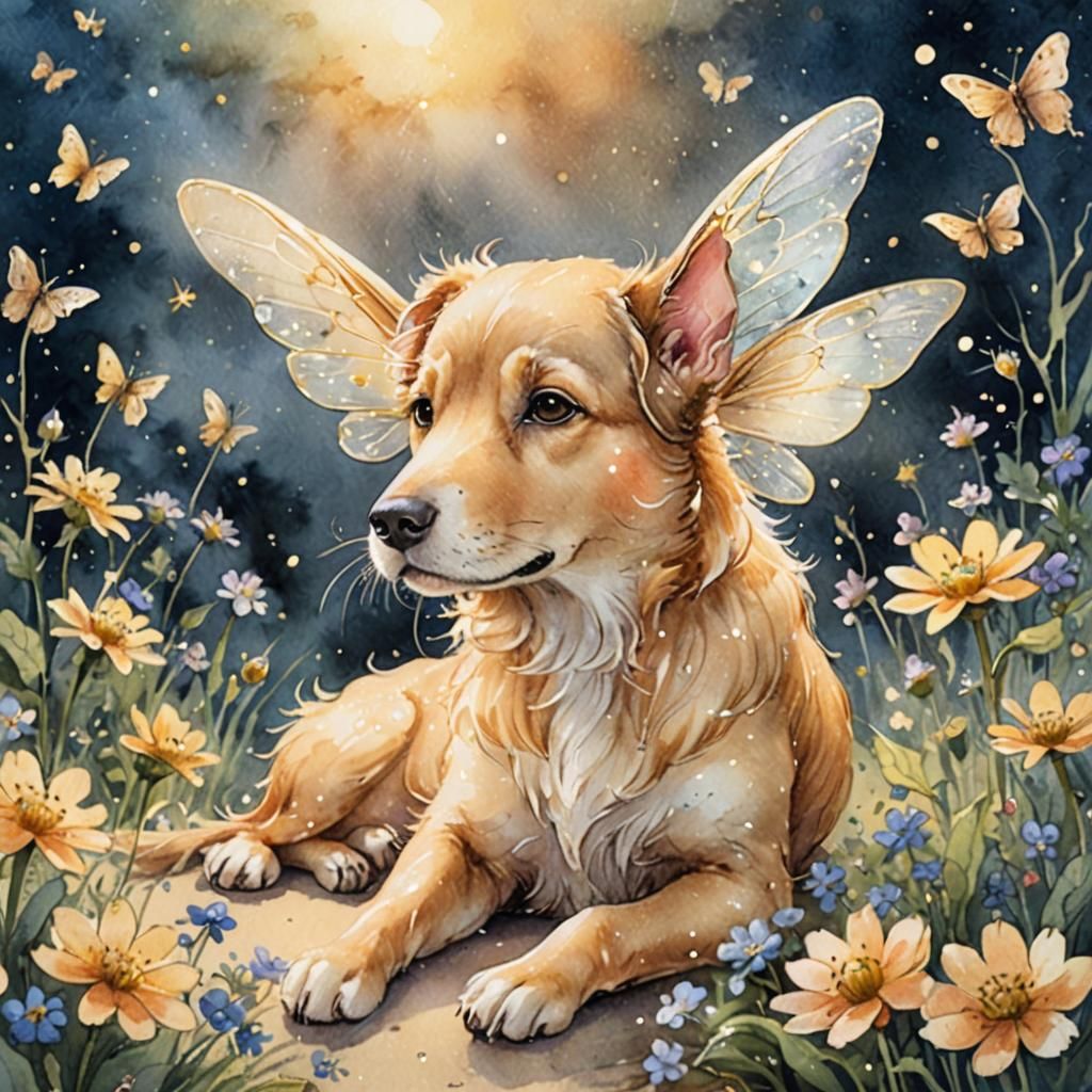 Fairy and Dog in Watercolor Whimsy