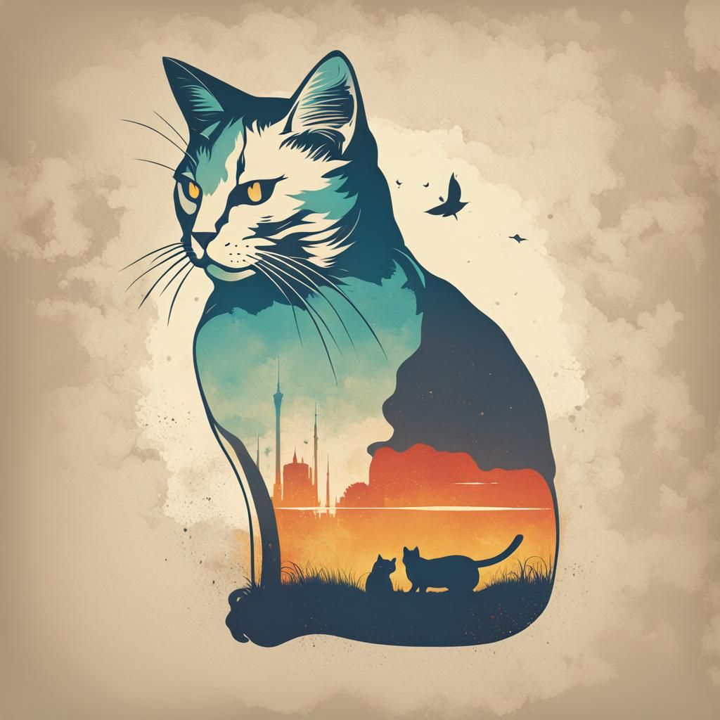 Minimalist Cat Silhouette T-Shirt Design with Vintage Look