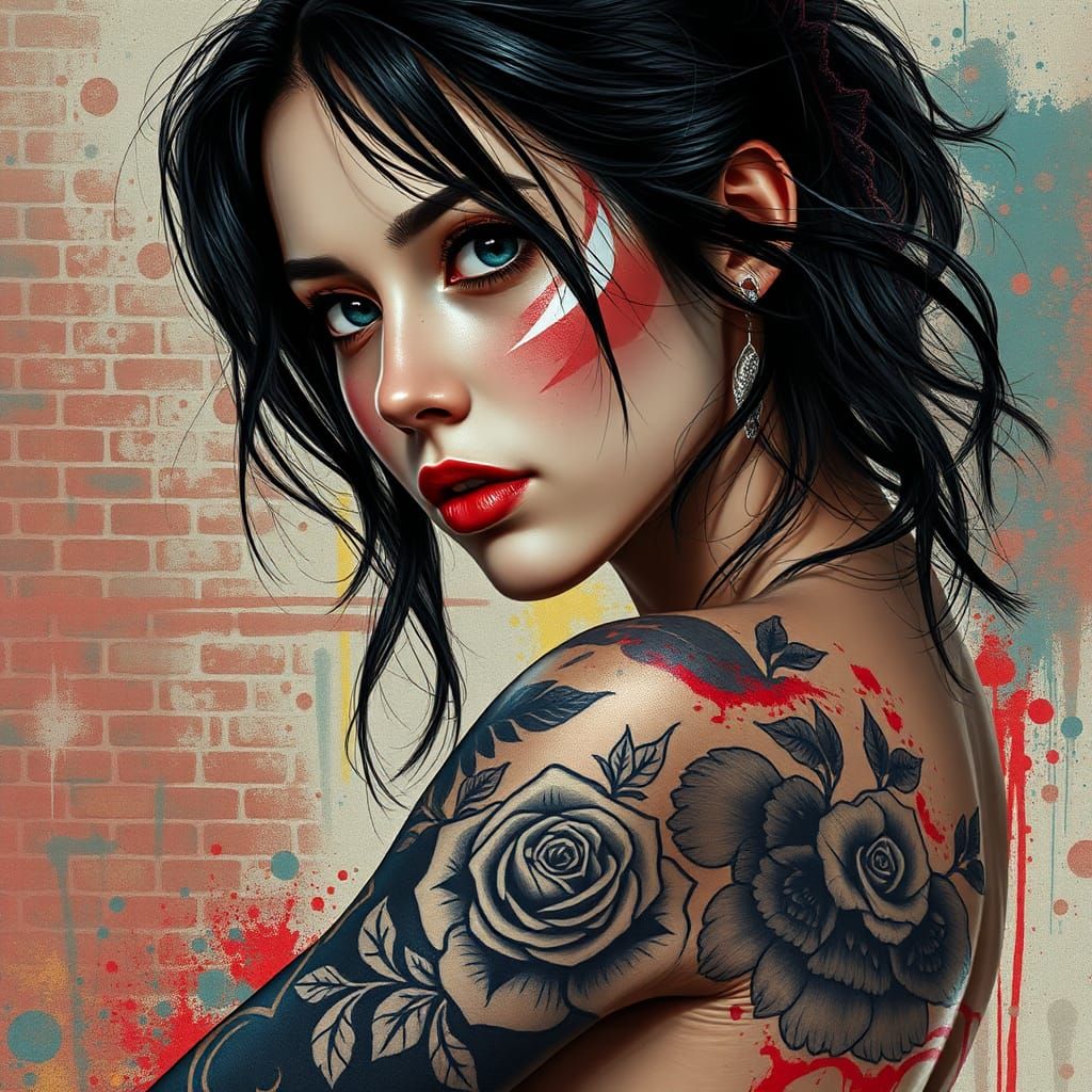 Hyperrealistic Tattooed Girl in Splash Art Style