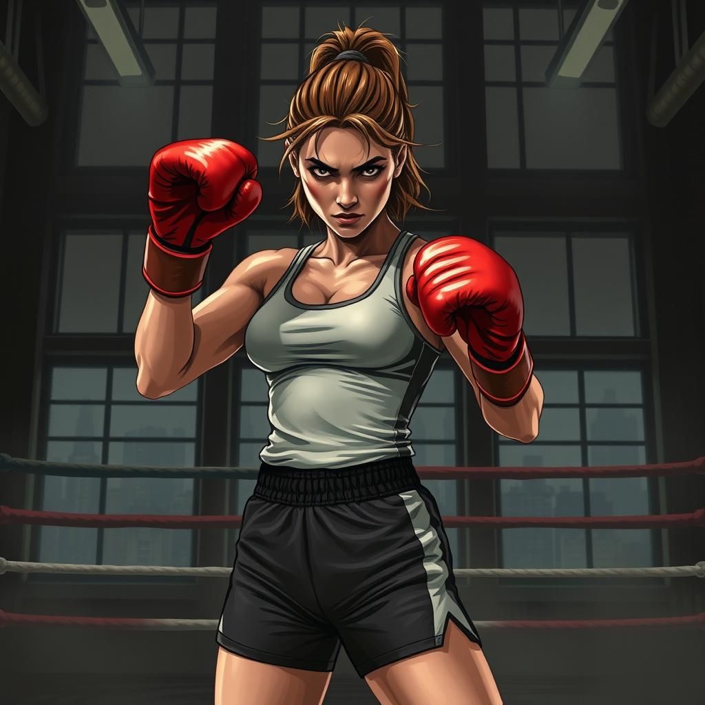 Gritty Female Boxer in Gym, Comic Book Style