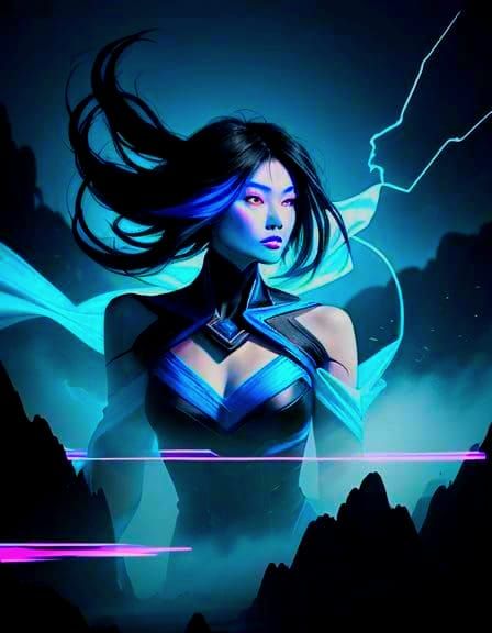 Blue Skinned Girl Levitating Surrounded by Lightning