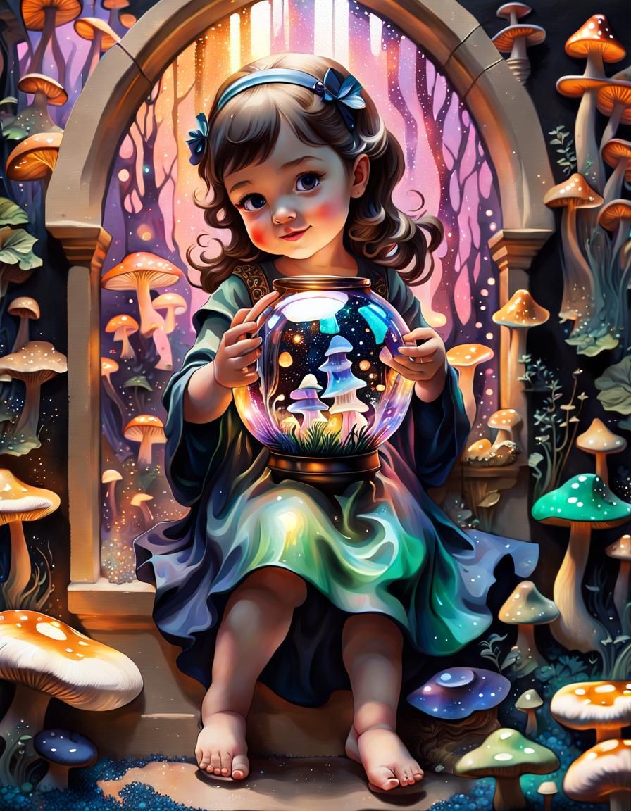 Surreal Baby Girl with Mushrooms in Impasto Style